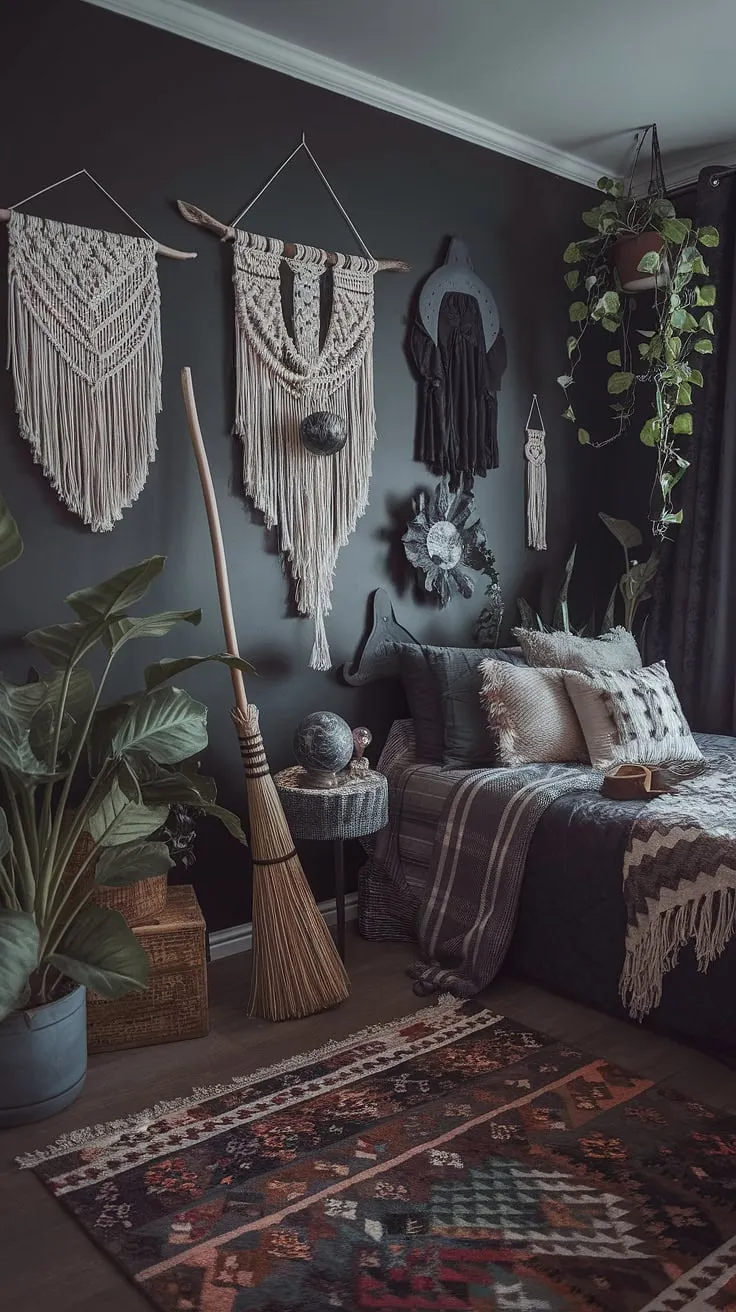 Embrace the shadows and the sunlight. This maximalist whisigoth bedroom, a blend of gothic boho and moody cottage core, offers a dark boho bedroom aesthetic perfect for the alternative bedroom aesthetic enthusiast.  Dark witch aesthetic vibes meet cozy comfort in this moody rooms inspiration, a gothic apartment bedroom reimagined.