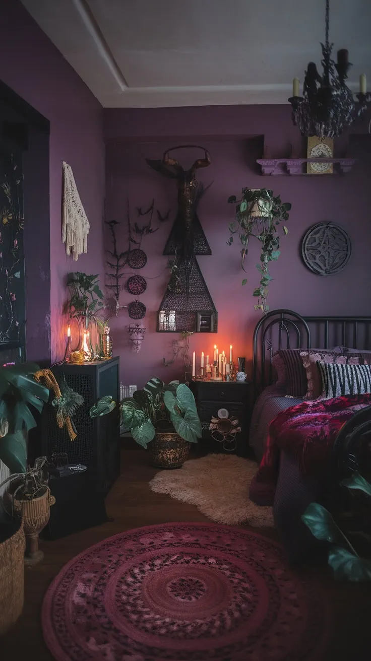 Dive into the depths of this dark boho bedroom aesthetic. A gothic apartment bedroom transformed into a maximalist whisigoth bedroom, this moody cottage core bedroom is a testament to alternative bedroom aesthetic.  The dark witch aesthetic bedroom is brimming with plants, candles, and vintage finds, offering a captivating blend of boho gothic bedroom style and moody rooms inspiration.