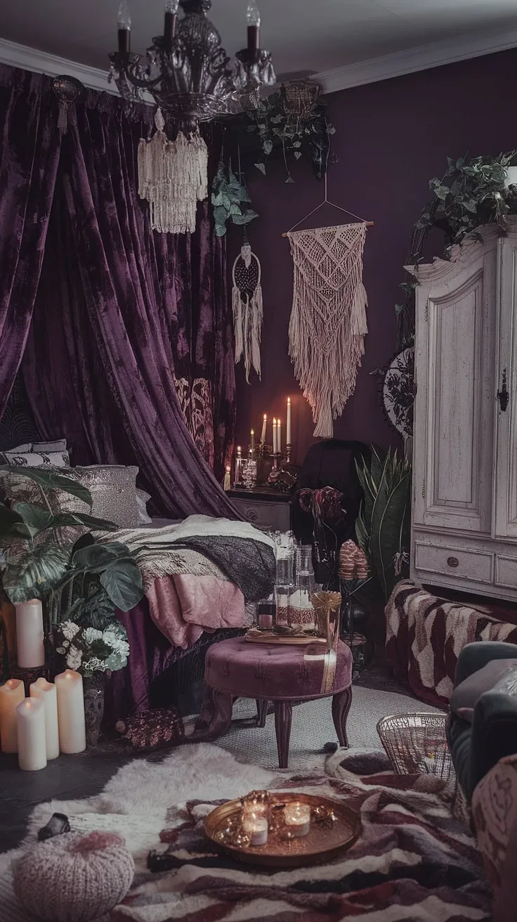 Embrace the enchanting darkness of this gothic boho bedroom.  A maximalist whisigoth haven, it blends moody cottage core charm with a dark boho aesthetic, creating a truly unique and inspiring alternative bedroom aesthetic.  Perfect moody rooms inspiration for the dark witch aesthetic bedroom lover.