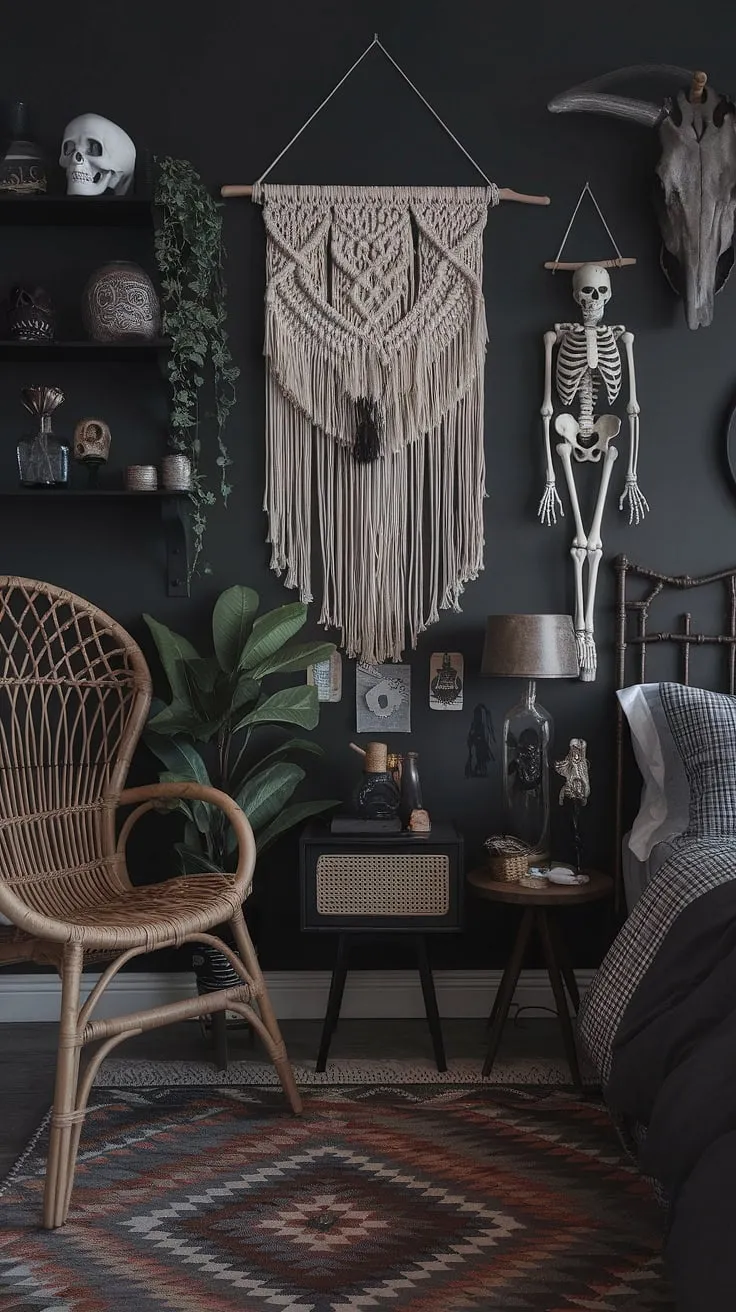 Embrace the enchanting allure of this gothic boho bedroom, a maximalist whisigoth haven where moody cottage core charm meets a dark boho aesthetic.  This alternative bedroom aesthetic, with its dark witch vibes, offers moody rooms inspiration for those seeking a unique and captivating space.