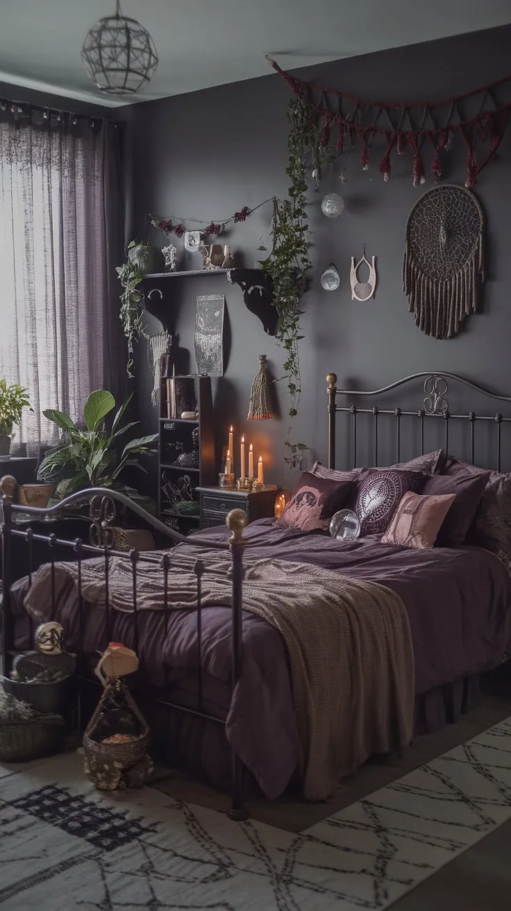 Embrace the enchanting allure of this gothic boho bedroom; a maximalist whisigoth haven where moody cottage core charm meets a dark boho aesthetic.  This alternative bedroom aesthetic, with its dark witch vibes, offers a wealth of moody rooms inspiration.