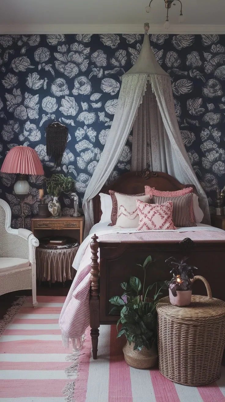This maximalist whisigoth bedroom is a gothic boho bedroom lover's dream.  The dark witch aesthetic bedroom is achieved through a moody cottage core approach, blending dark blue walls with delicate floral patterns and a vintage wooden canopy bed.  The pink and white striped rug and bedding soften the gothic apartment bedroom feel, creating a unique dark boho bedroom aesthetic and alternative bedroom aesthetic that's pure boho gothic bedroom inspiration.