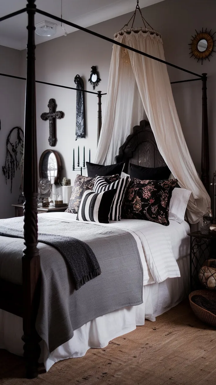 Embrace the shadows and the sunlight. This maximalist whisigoth bedroom, a blend of gothic boho and moody cottage core, offers a dark boho bedroom aesthetic perfect for those seeking an alternative bedroom aesthetic.  Dark witch aesthetic vibes meet cozy comfort in this moody rooms inspiration, a gothic apartment bedroom reimagined.