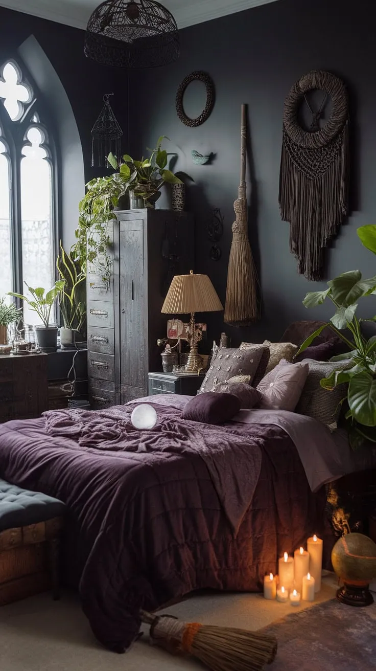 Embrace the shadows and the sunlight. This maximalist whisigoth bedroom, a blend of gothic boho and moody cottage core, offers a dark boho bedroom aesthetic perfect for those seeking an alternative bedroom aesthetic.  Dark witch aesthetic details complete the look, providing moody rooms inspiration for a truly unique gothic apartment bedroom.  A captivating space where bohemian spirit meets gothic romance.