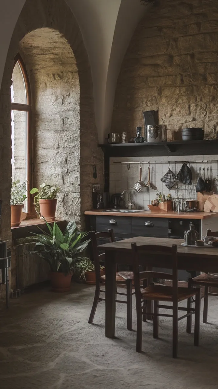 This gothic farmhouse kitchen masterfully fuses rustic charm with modern flair, creating a captivating space where dark decor and lush greenery harmoniously coexist.