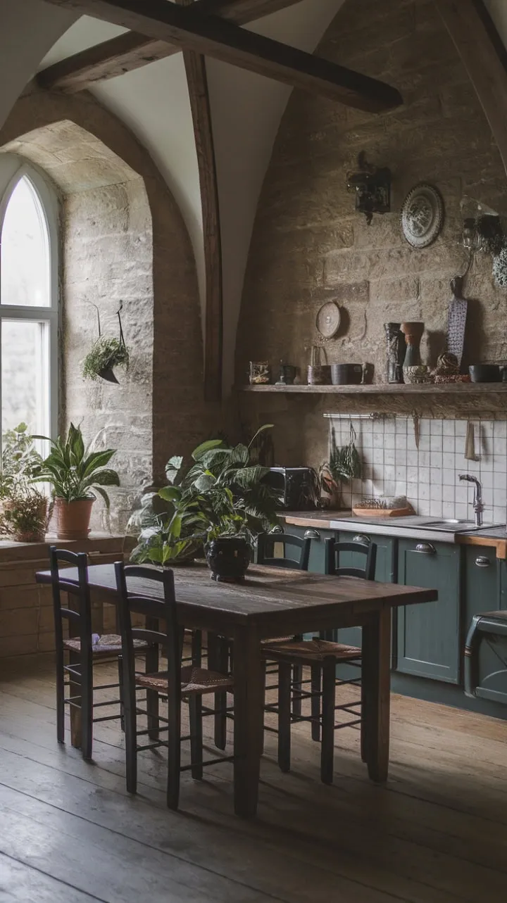 This gothic farmhouse kitchen masterfully blends rustic charm with moody elegance, featuring a handcrafted wooden table, cozy seating, and vibrant potted plants against ancient stone walls.