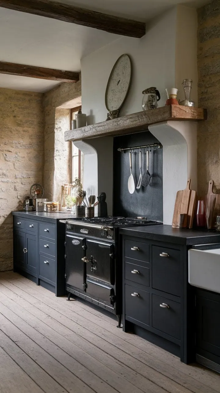 In this captivating kitchen, rustic charm intertwines with gothic elegance, where black cabinetry and countertops beautifully contrast warm wooden floors and stone walls, creating a uniquely inviting culinary haven.