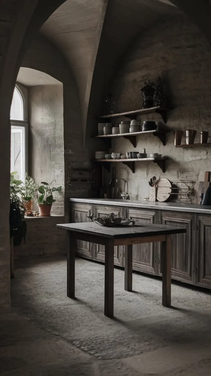This gothic farmhouse kitchen masterfully blends aged stone and rich wood with lush greenery, creating a captivating sanctuary where history meets modern elegance.