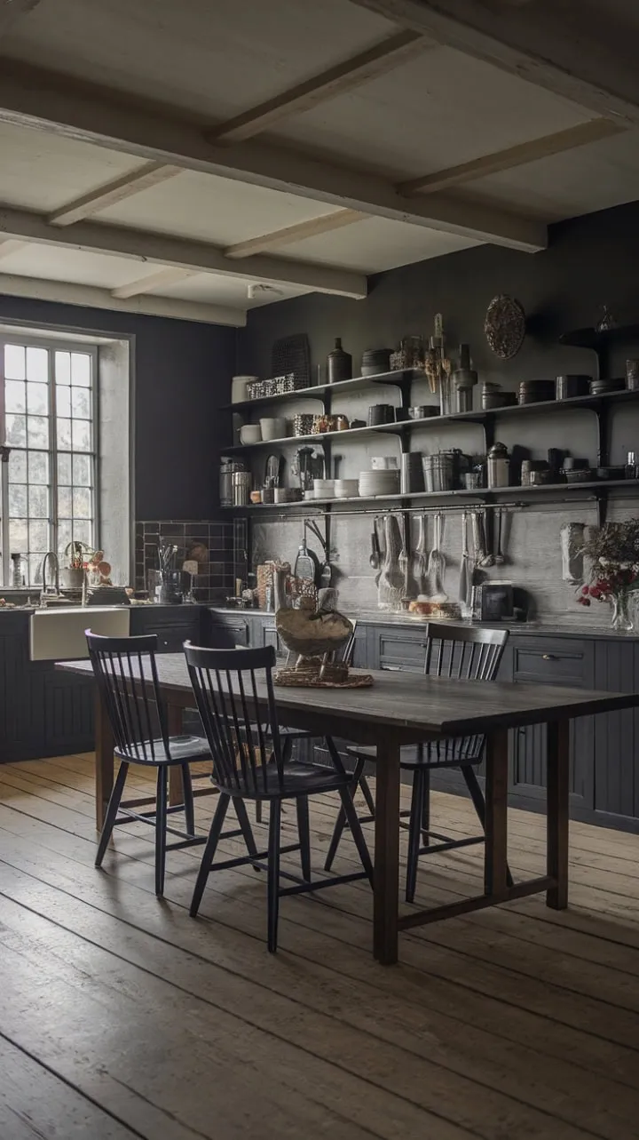 This gothic farmhouse kitchen masterfully combines rustic charm and moody elegance, featuring a weathered wooden table and dark decor that invites both drama and warmth.