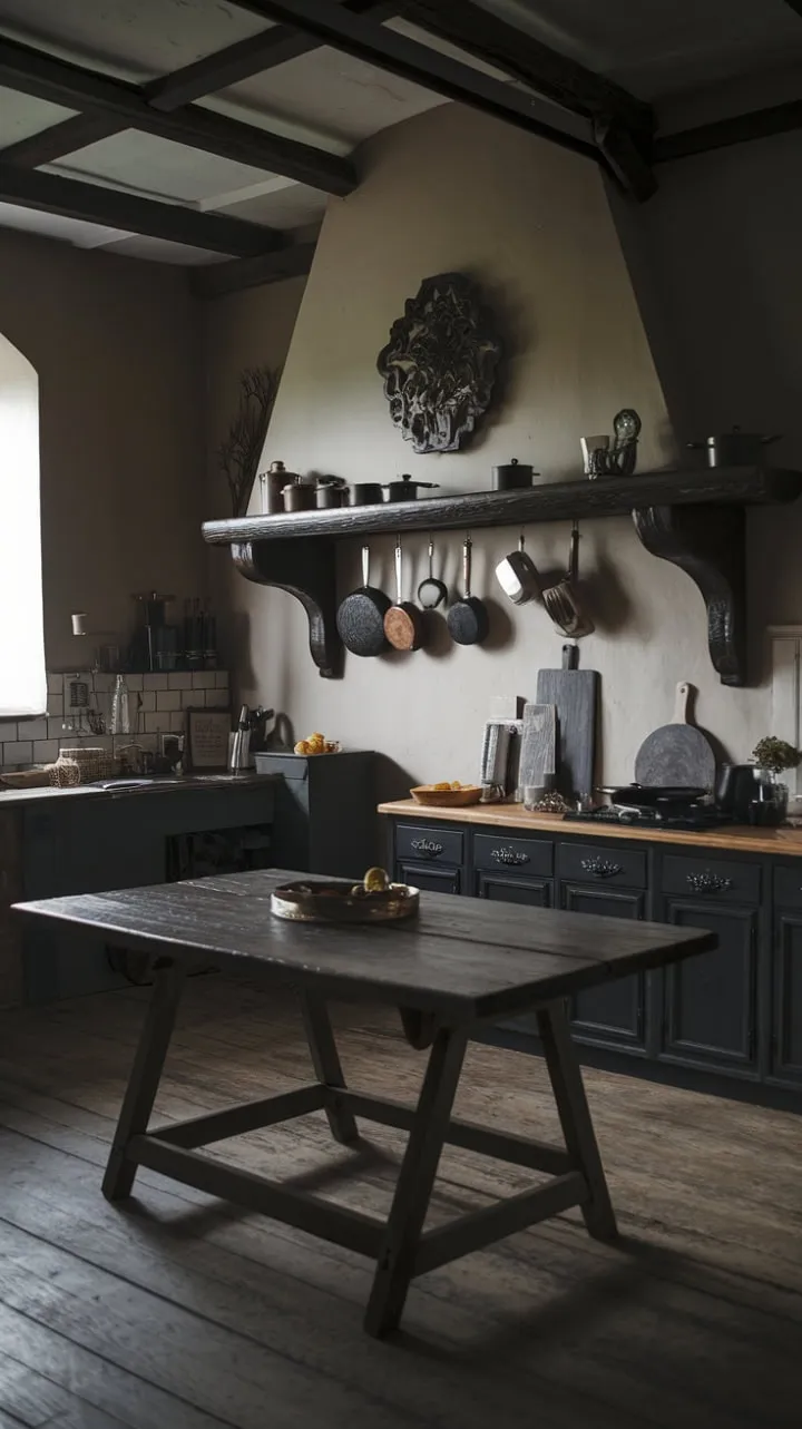 In a gothic farmhouse kitchen, dark wood and flickering candlelight create a cozy yet dramatic atmosphere, where rustic charm meets trendy design around a welcoming large wooden table.