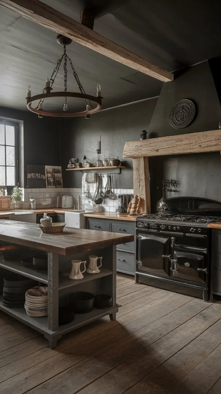 This gothic farmhouse kitchen masterfully combines rustic charm with modern flair, featuring dark cabinetry and textured walls that evoke a moody ambiance, complemented by warm wooden accents.