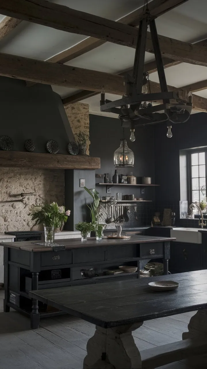 This gothic farmhouse kitchen masterfully blends deep gray hues and aged wood to create a captivatingly dark yet inviting ambiance.