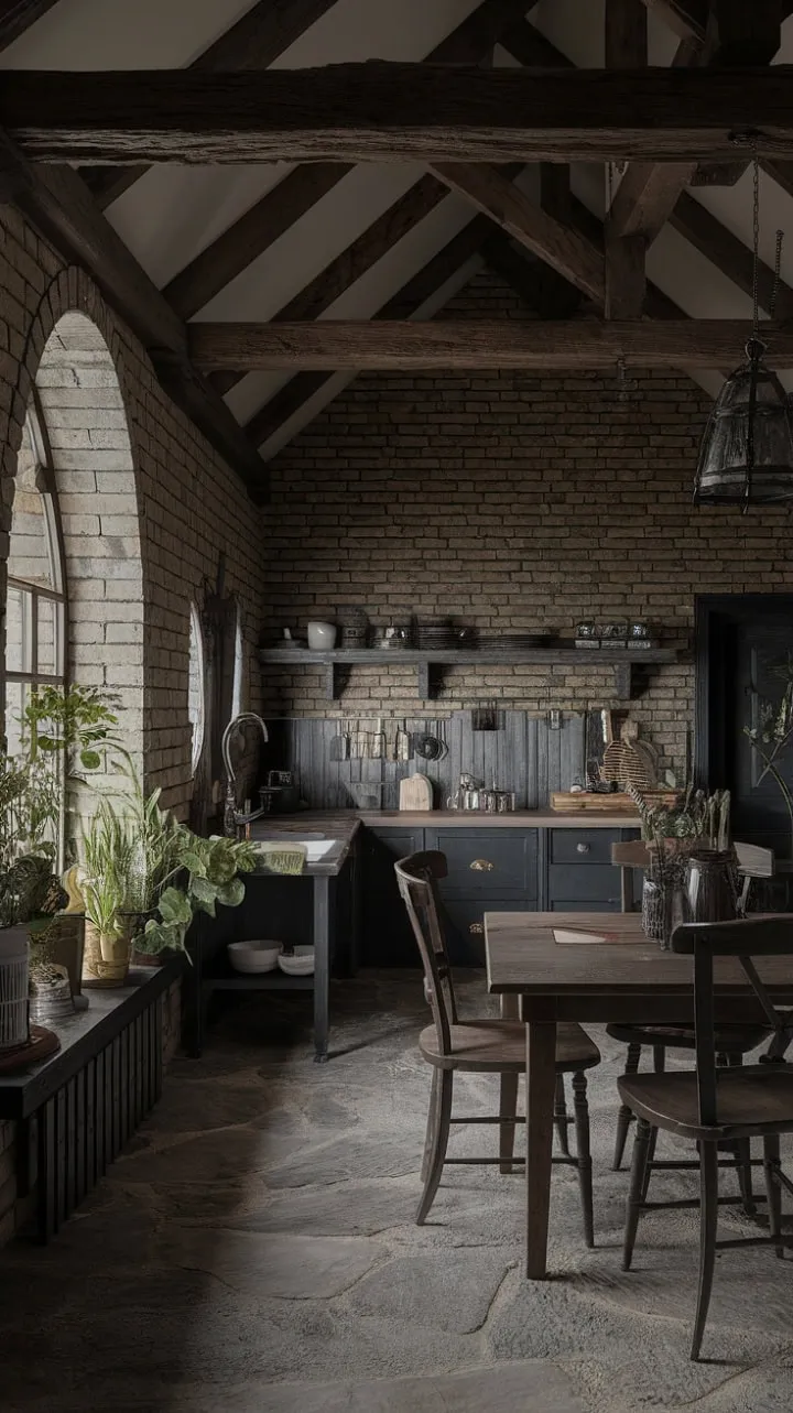 In this rustic kitchen, dark wood beams and exposed brick harmoniously blend gothic charm with modern convenience, while a stone floor and antique table enhance its unique character, softened by a touch of greenery.