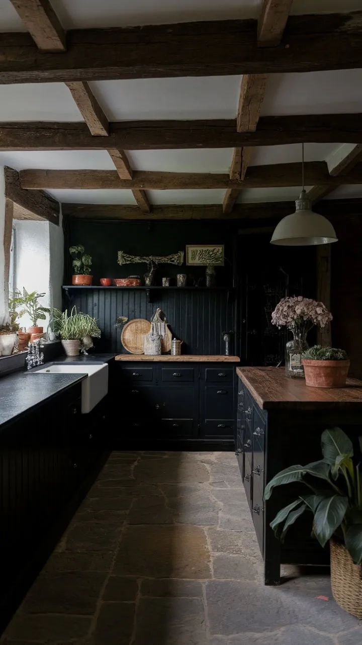 This gothic farmhouse kitchen masterfully combines rustic charm and moody elegance, featuring a striking black island, dark cabinets, and warm wooden accents for an inviting yet sophisticated atmosphere.