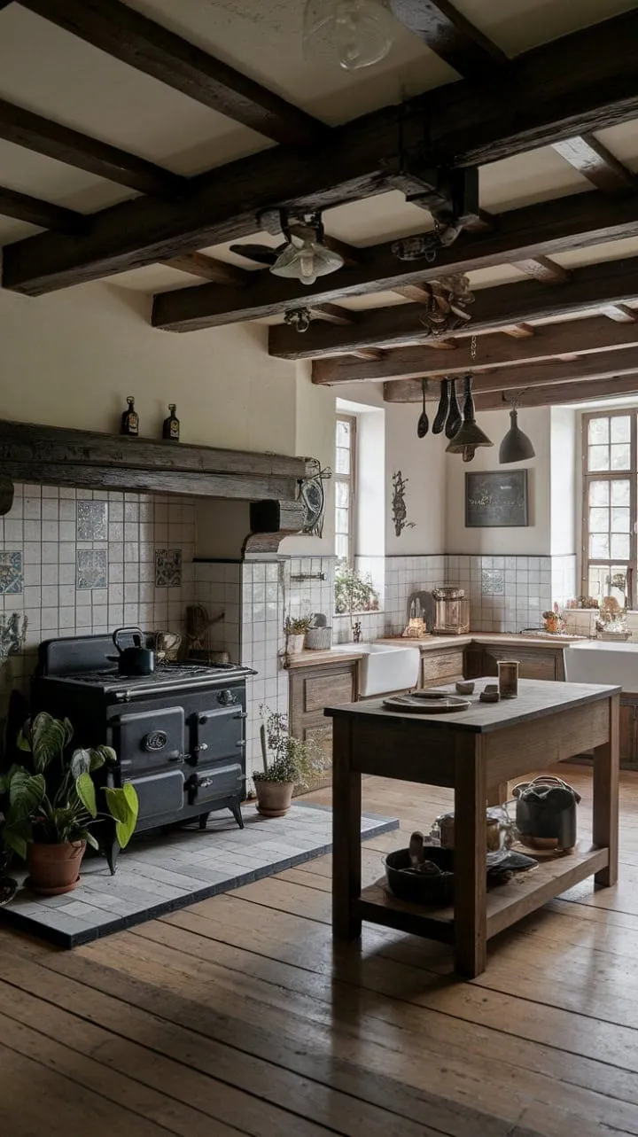 This gothic farmhouse kitchen masterfully combines rustic charm and dark elegance, featuring an aged stove and a substantial wooden island that invite both comfort and intrigue.