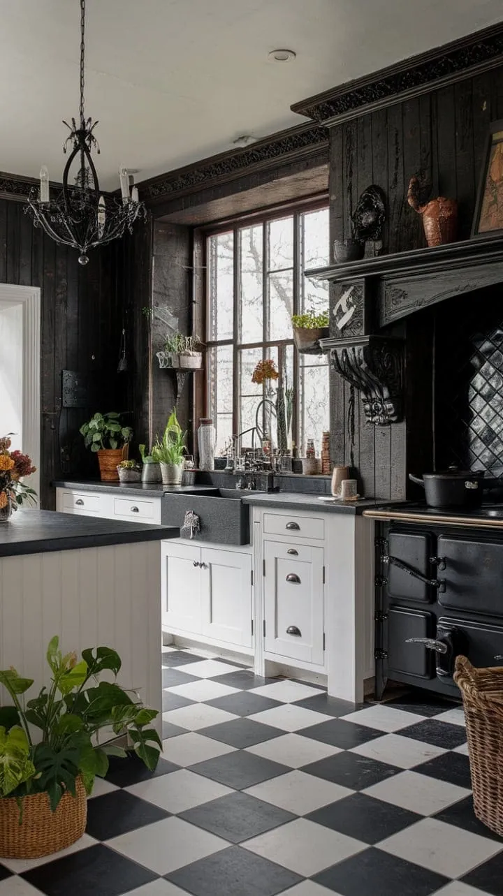 This chic dark kitchen seamlessly blends gothic elegance with farmhouse practicality, featuring a striking contrast of black and white elements enhanced by intricate wood paneling and dramatic lighting.