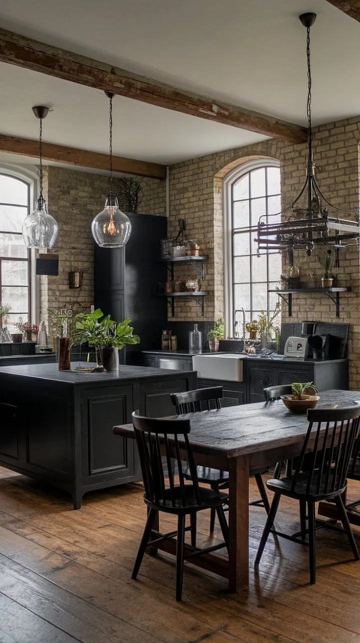 This gothic farmhouse kitchen masterfully combines old-world elegance with modern comfort, creating a warm and mysterious heart of the home.