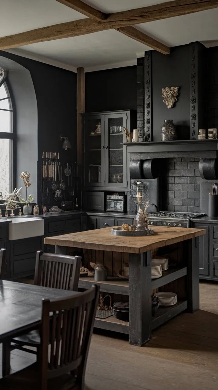 In this gothic farmhouse kitchen, dark romance intertwines with rustic charm, where rich tones and a striking island evoke a moody yet inviting ambiance.