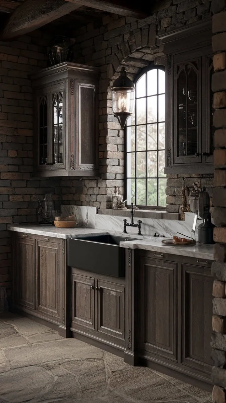 In this gothic farmhouse kitchen, dark wood and aged brick harmonize with modern marble and vintage lanterns, crafting a uniquely inviting atmosphere steeped in history.