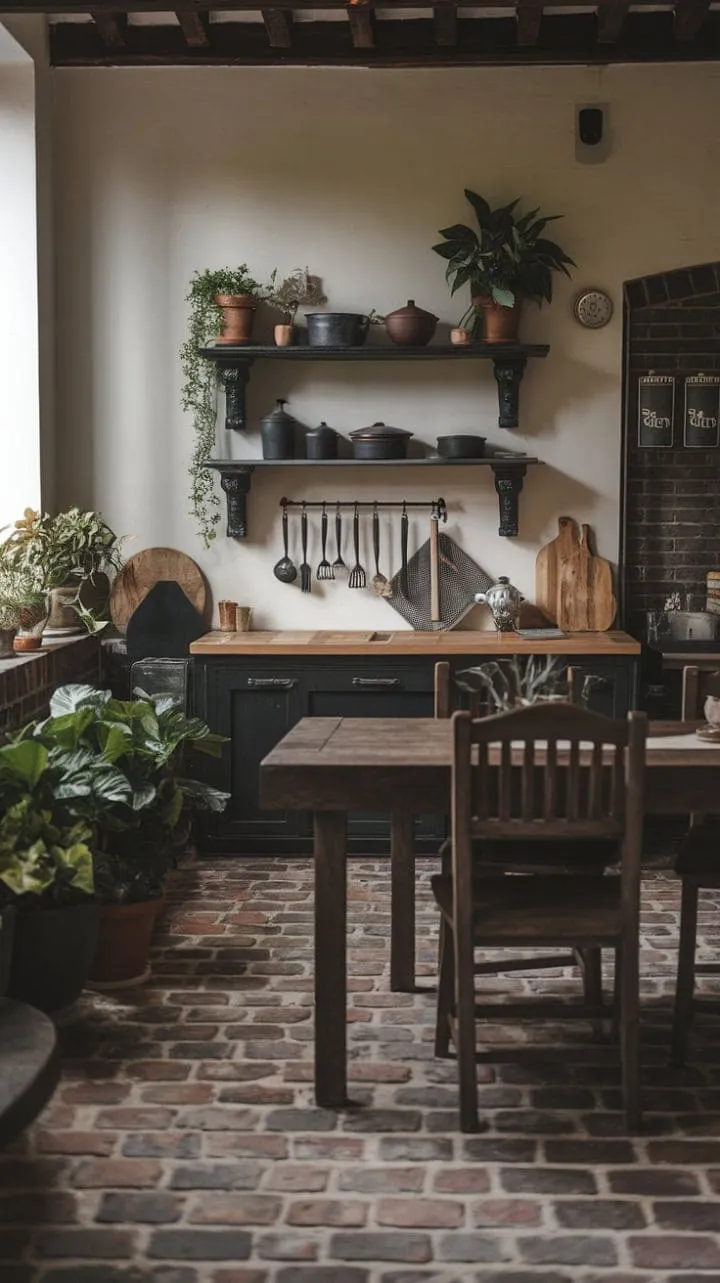 This gothic farmhouse kitchen masterfully combines dark wood and brick with trendy decor, creating a moody yet inviting space that harmonizes rustic charm with modern elegance.