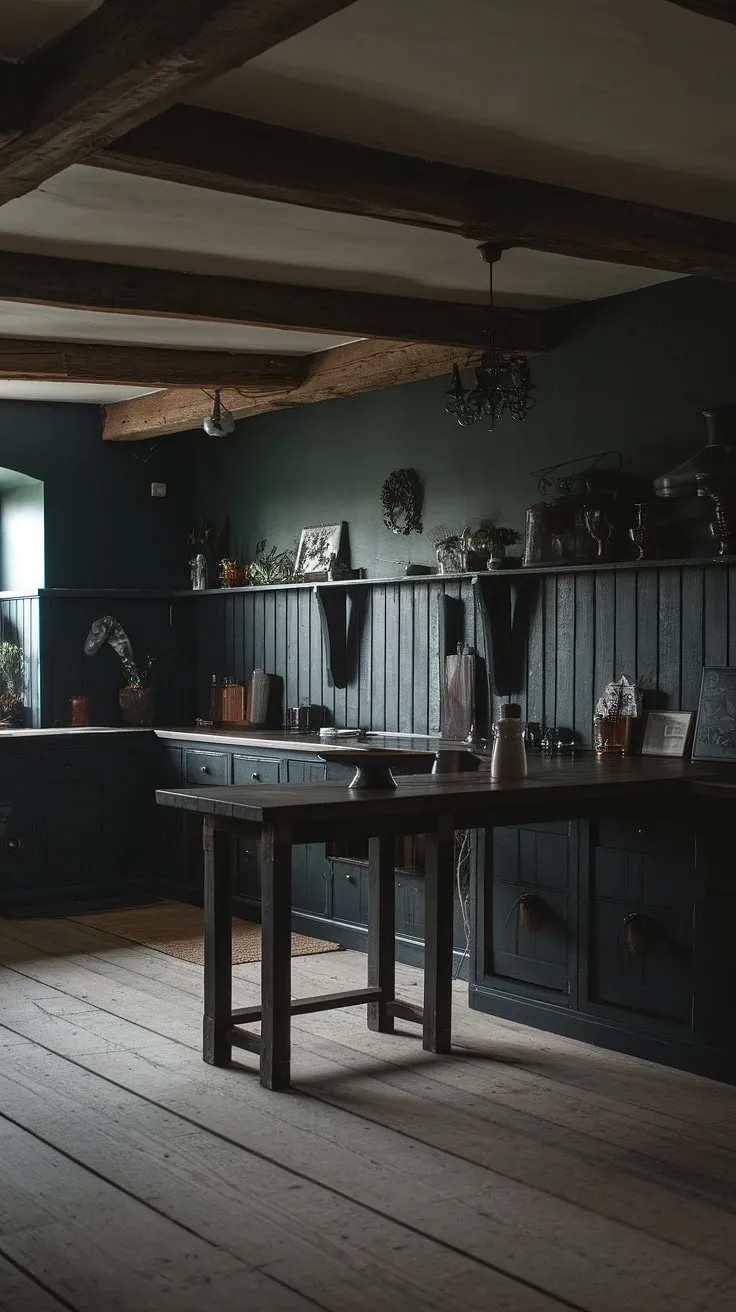 A gothic farmhouse kitchen, where rustic charm meets moody elegance. Dark green walls and cabinetry create a dramatic backdrop for the aged wood countertops and exposed beams, a testament to enduring style and timeless design. The space whispers stories of generations past, a sanctuary of quiet comfort and understated luxury.
