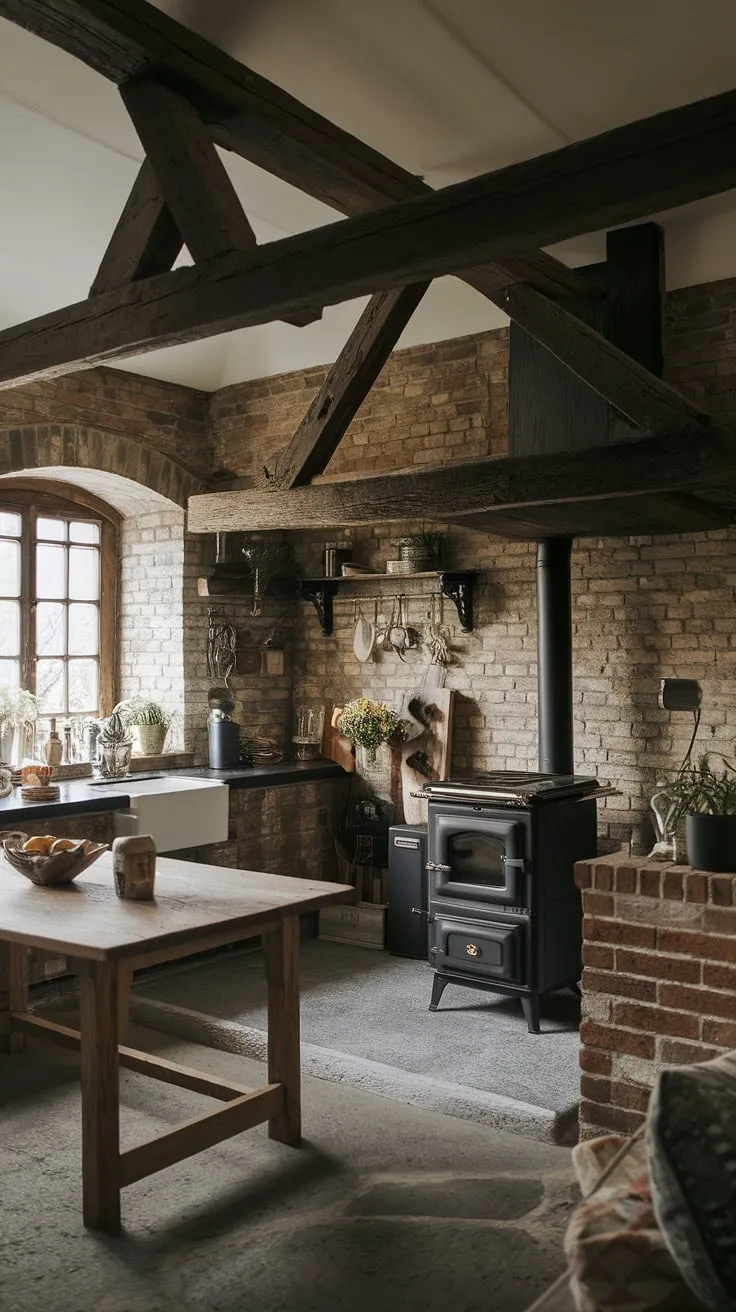 Dark, moody, and undeniably cozy. This gothic farmhouse kitchen, with its exposed brick, aged wood beams, and rustic stone floor, is the perfect blend of trendy and timeless. A haven for culinary creativity, a sanctuary for quiet evenings.