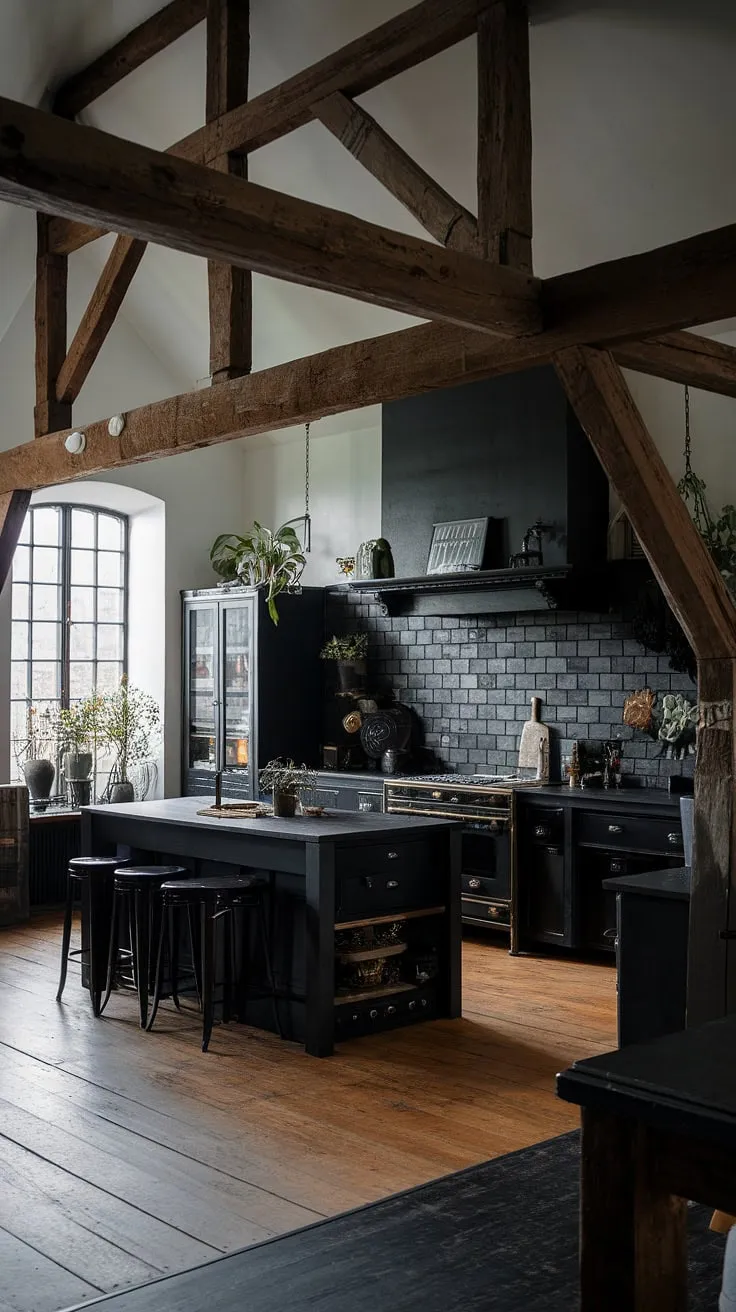 Dark academia meets rustic charm in this gothic farmhouse kitchen. The black cabinetry and island create a dramatic backdrop, while the wooden beams and potted plants add warmth and texture, resulting in a space that's both moody and inviting. A perfect blend of old-world elegance and modern design.