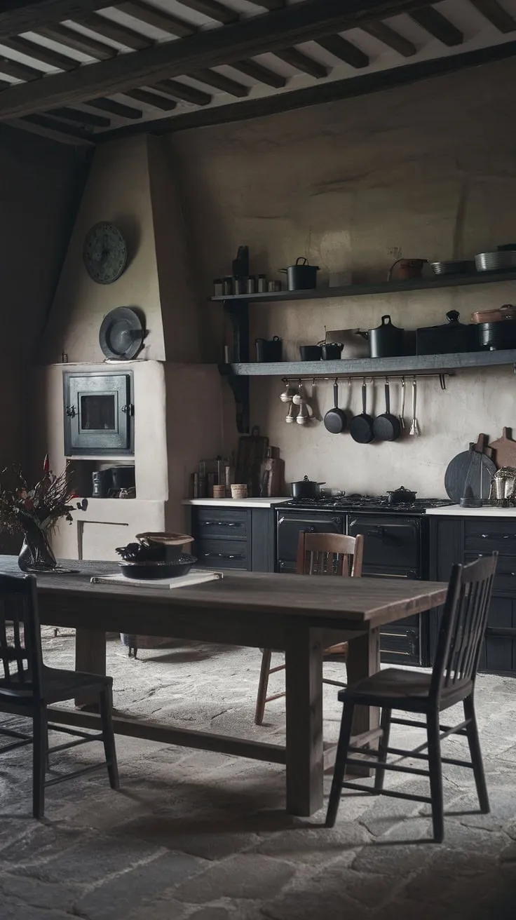 This moody gothic farmhouse kitchen is a testament to the beauty of aged elegance. A vintage oven and rustic shelves laden with cookware add to the character, while the dark decor and stone floor create a dramatic, yet undeniably warm ambiance. A substantial wooden table sits at the heart of it all, the perfect gathering place.