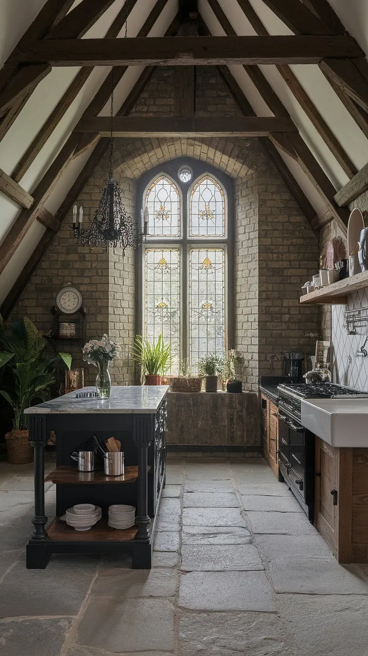 A dark and dramatic kitchen, yet surprisingly warm and inviting. This gothic farmhouse space seamlessly blends rustic elements like the wooden beams and stone floor with trendy black cabinetry and a stunning marble countertop. The stained-glass window adds a touch of whimsical beauty, while the potted plants bring life to the space. A truly unique and captivating kitchen design.