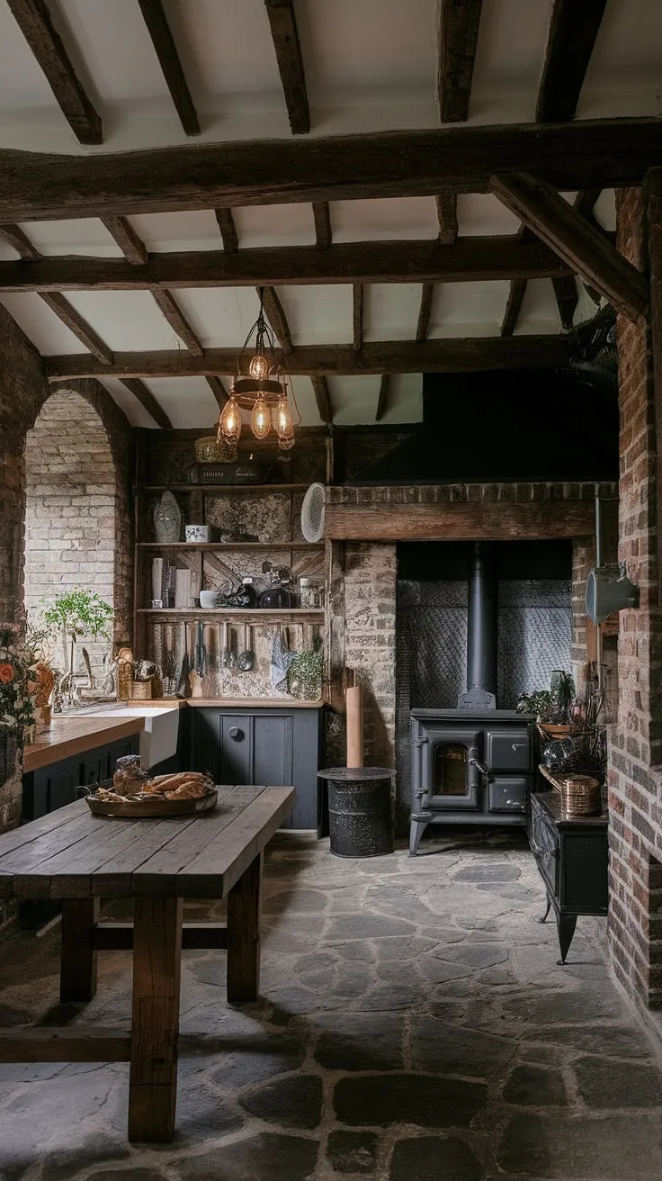 This gothic farmhouse kitchen is a dream. Dark, moody, and undeniably stylish, the exposed brick walls, wooden beams, and stone floor create a captivating backdrop for a rustic wooden table and vintage stove. A space where history and modern design beautifully collide.