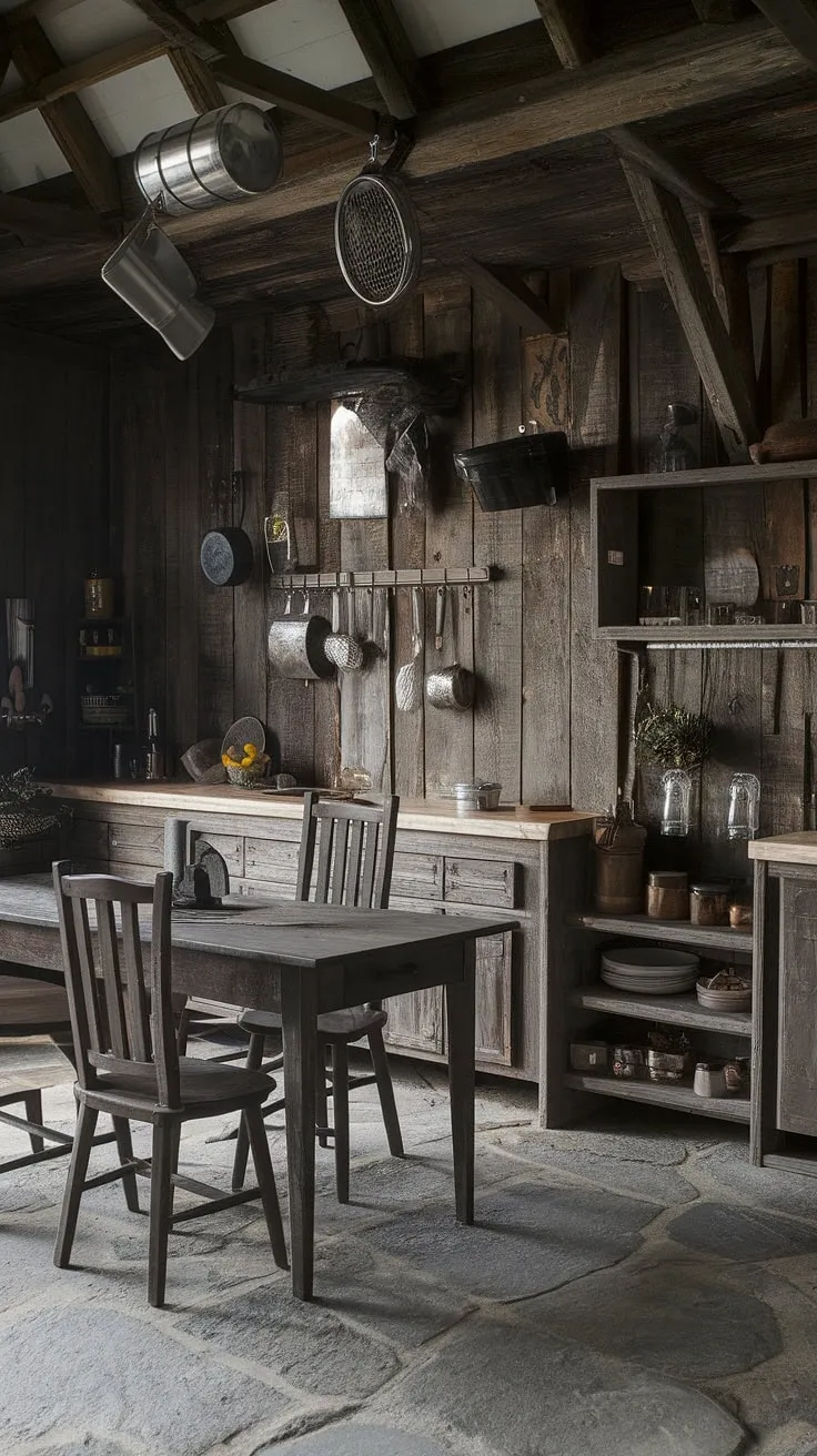 This gothic farmhouse kitchen is a masterpiece of rustic design. A dark and moody aesthetic is balanced by the warmth of the wooden table and chairs, creating a space that's both dramatic and comforting. A truly unique and captivating culinary heart.