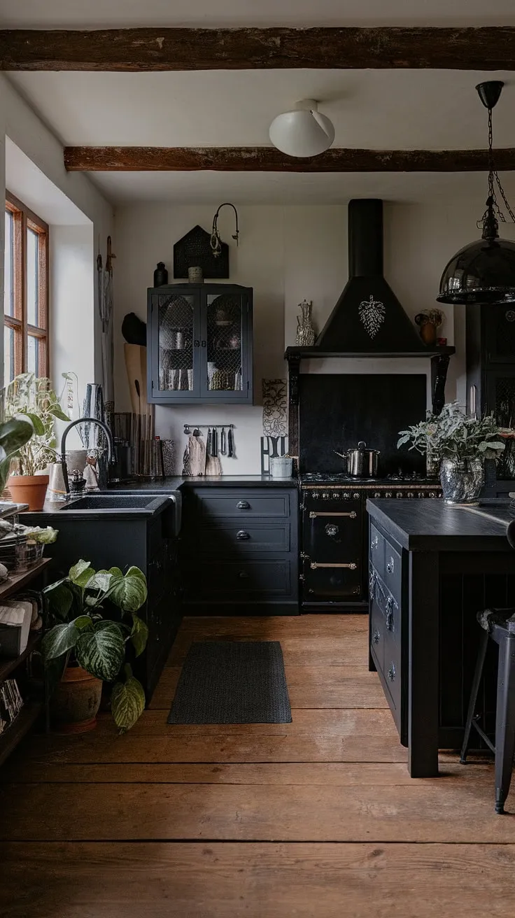 This trendy dark kitchen reimagines farmhouse style with a gothic twist. Black accents dominate, creating a sophisticated and dramatic space, yet the wooden floors and greenery soften the look, resulting in a surprisingly inviting and livable area. A testament to the power of contrast.