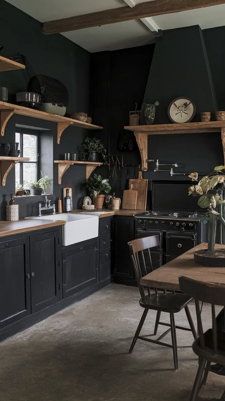 This moody gothic farmhouse kitchen is a study in contrasts. A juxtaposition of sleek black countertops and rustic wooden shelves, the space feels both intensely stylish and wonderfully lived-in. A testament to the power of embracing darkness and texture in interior design.