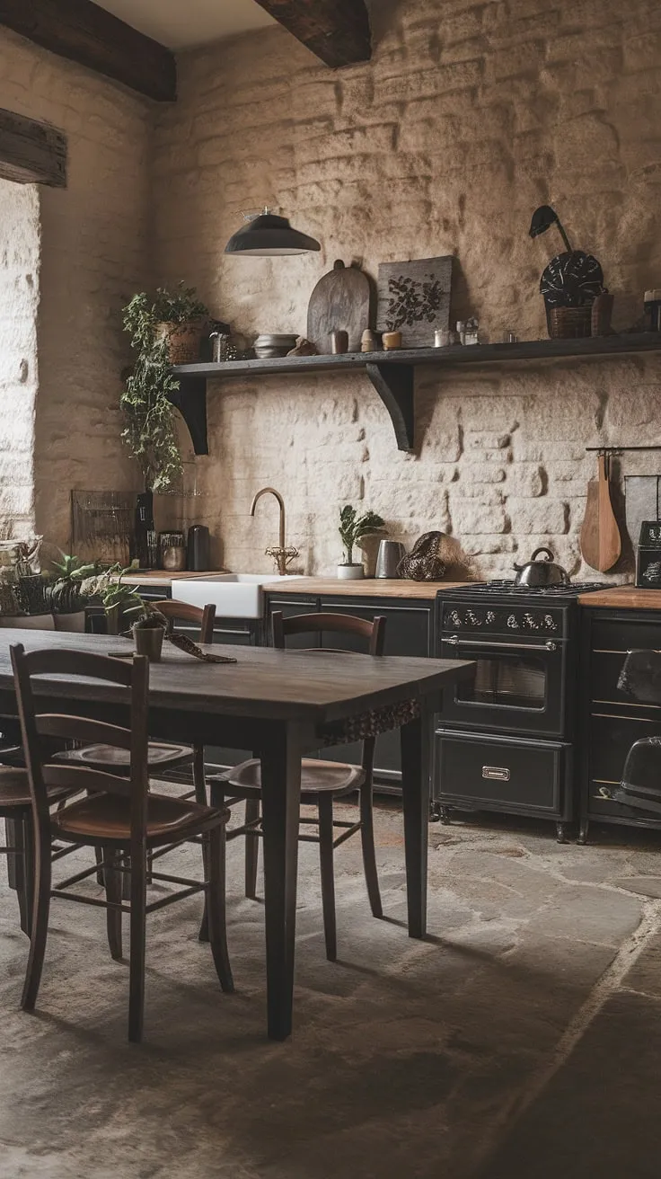 A blend of old-world charm and modern trends, this gothic farmhouse kitchen effortlessly combines rustic textures with a darkly sophisticated ambiance. The stone walls and wooden table create a space that is both inviting and undeniably stylish.