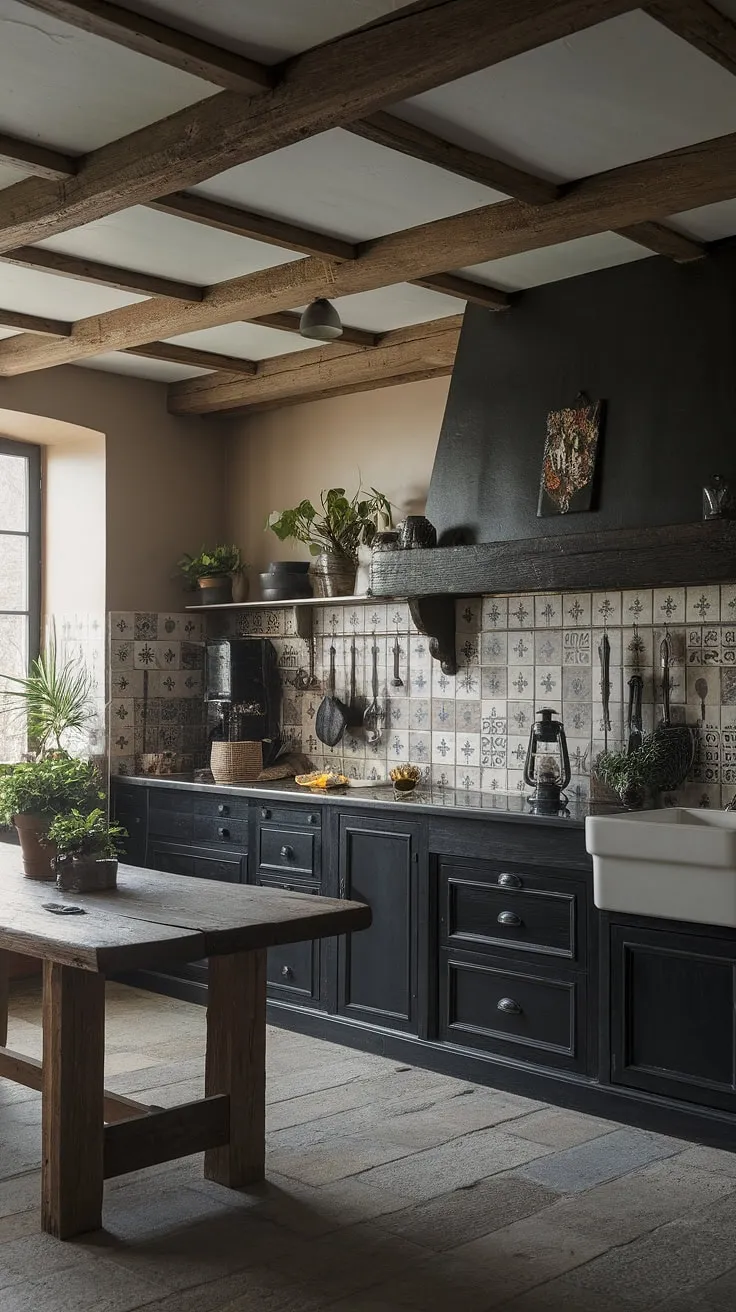 Dark and dramatic, yet undeniably warm. This gothic farmhouse kitchen boasts a rustic heart, showcasing a trendy design with dark wood, decorative tiles, and a large, inviting table. The stone floor and exposed beams add to the home's unique character, while the potted plants and lantern bring a touch of life and warmth to the space. A truly captivating kitchen.