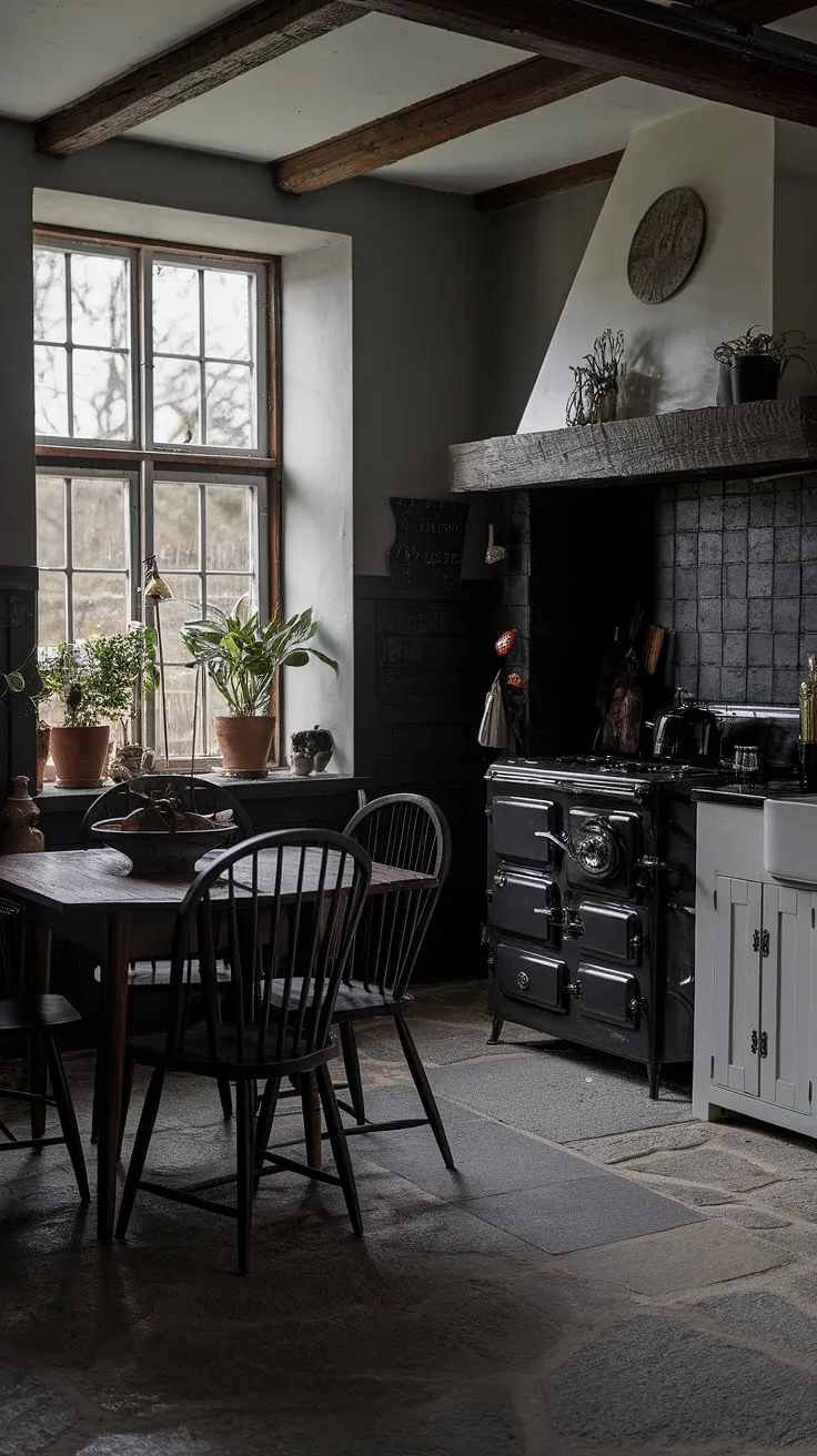 Dark, moody, and undeniably chic. This gothic farmhouse kitchen seamlessly blends rustic charm with trendy design elements, creating a space that's both inviting and utterly captivating. The aged stone floor, black stove, and dark wood furniture create a dramatic backdrop for the crisp white cabinetry, while the potted plants add a touch of life and warmth. A perfect example of how contrasting styles can create a truly unique and stylish space.