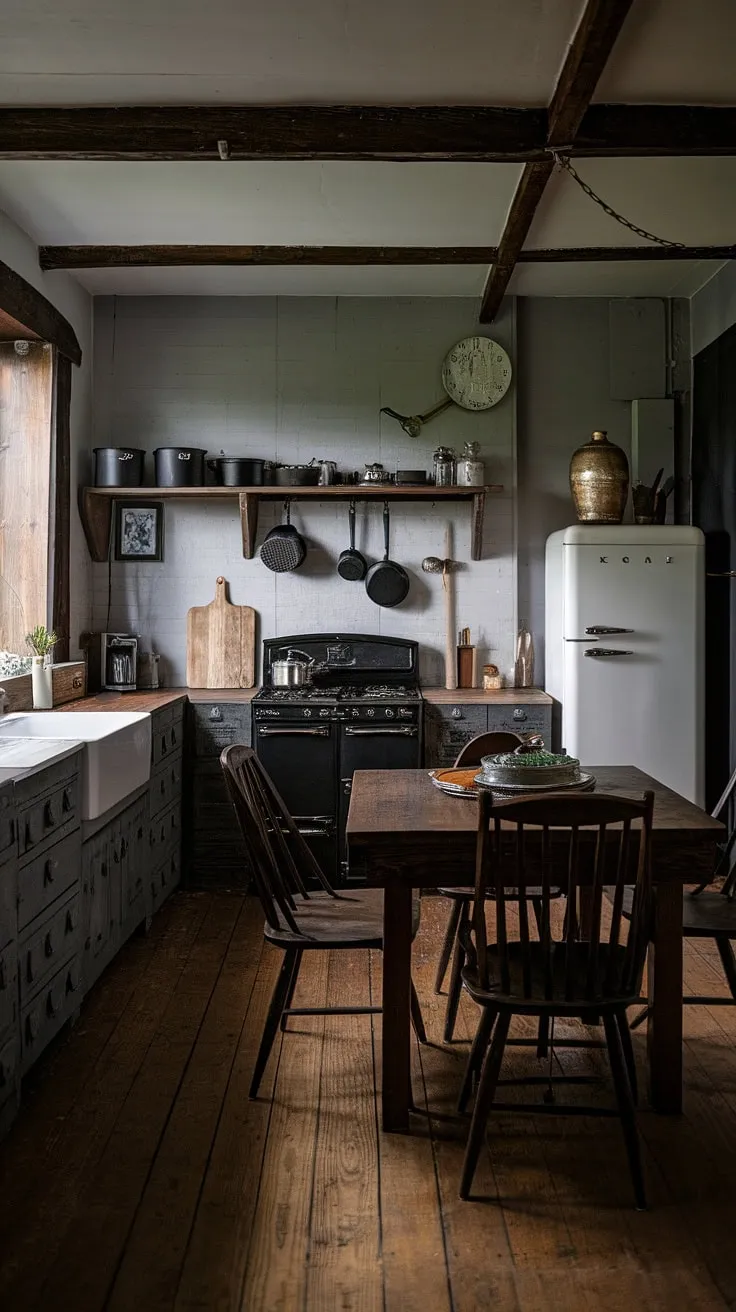 Dark wood beams and a vintage aesthetic meet modern convenience in this gothic farmhouse kitchen. The rustic charm is undeniable, a testament to blending old-world style with contemporary design. A perfect blend of textures and tones creates a space both inviting and undeniably stylish.