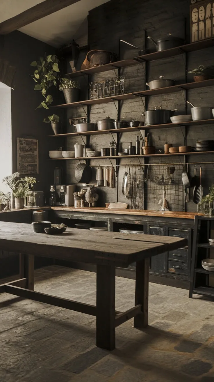 Dark and dramatic, yet undeniably warm and inviting, this gothic farmhouse kitchen is a testament to unique style. The rustic wooden table, stone floor, and shelves laden with kitchenware create a captivating atmosphere, proving that even a trendy design can feel comfortably lived-in.