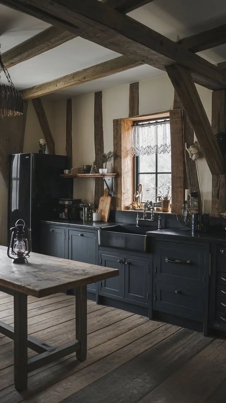This isn't your grandma's farmhouse kitchen. A dramatic space, defined by black countertops, dark wood, and exposed beams, this kitchen effortlessly blends gothic elegance with rustic warmth. The subtle glow of the lantern creates a captivating ambiance, making it the perfect spot for a cozy evening.