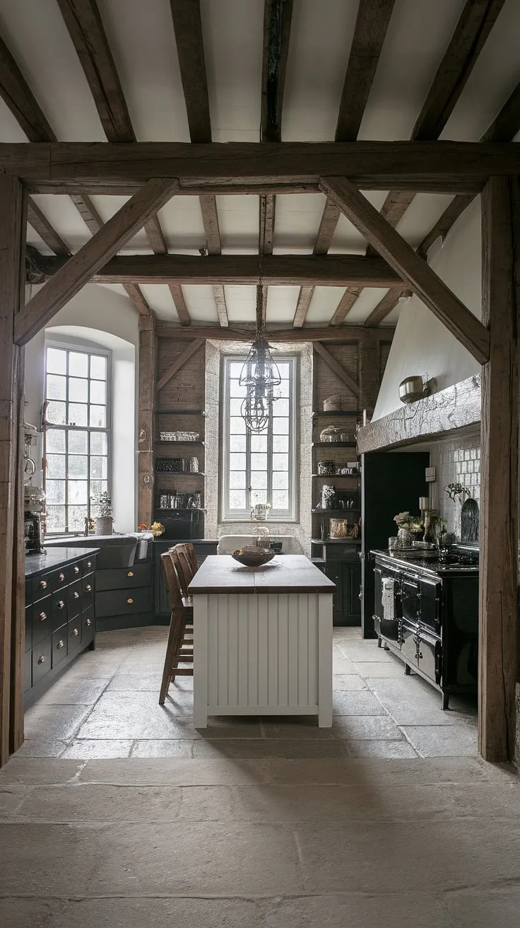 Where rustic charm meets gothic elegance. This farmhouse kitchen, with its exposed beams, black cabinetry, and striking white island, is a testament to the beauty of contrasting styles. The vintage lighting and stone floor add to the unique, trendy atmosphere. A perfect blend of old-world craftsmanship and modern design.