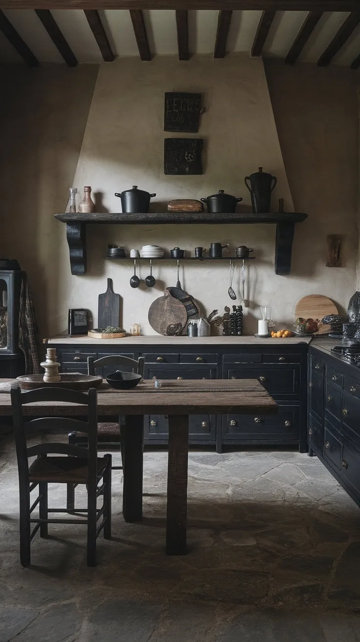 Dark and moody, this gothic farmhouse kitchen embraces a rustic charm with a trendy twist. The aged stone floor and large wooden table create a captivating centerpiece, while the decorative shelving adds a touch of personality to the space. A perfect blend of old-world elegance and modern design. A testament to unique style.