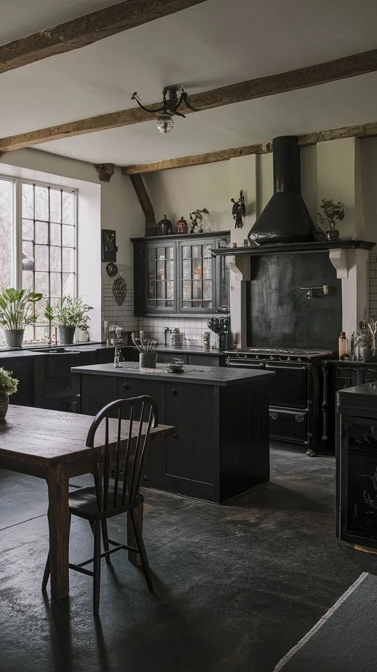 A haven of gothic charm. This rustic kitchen, featuring a dramatic black island and range hood, showcases the power of dark home decor. The grey concrete floors and dark stone countertops provide a grounding element, while the wooden table and potted plants inject a touch of warmth. A truly unique and inspiring space, where rustic meets gothic in perfect harmony.