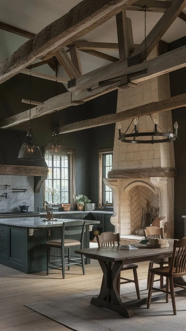 A dark and dramatic kitchen, perfectly suited to a gothic farmhouse. The deep gray walls, vintage lighting, and rustic wooden table create a moody atmosphere, while the sleek dark green island and marble countertop add a touch of contemporary sophistication. The exposed beams and imposing stone fireplace complete this captivating space.