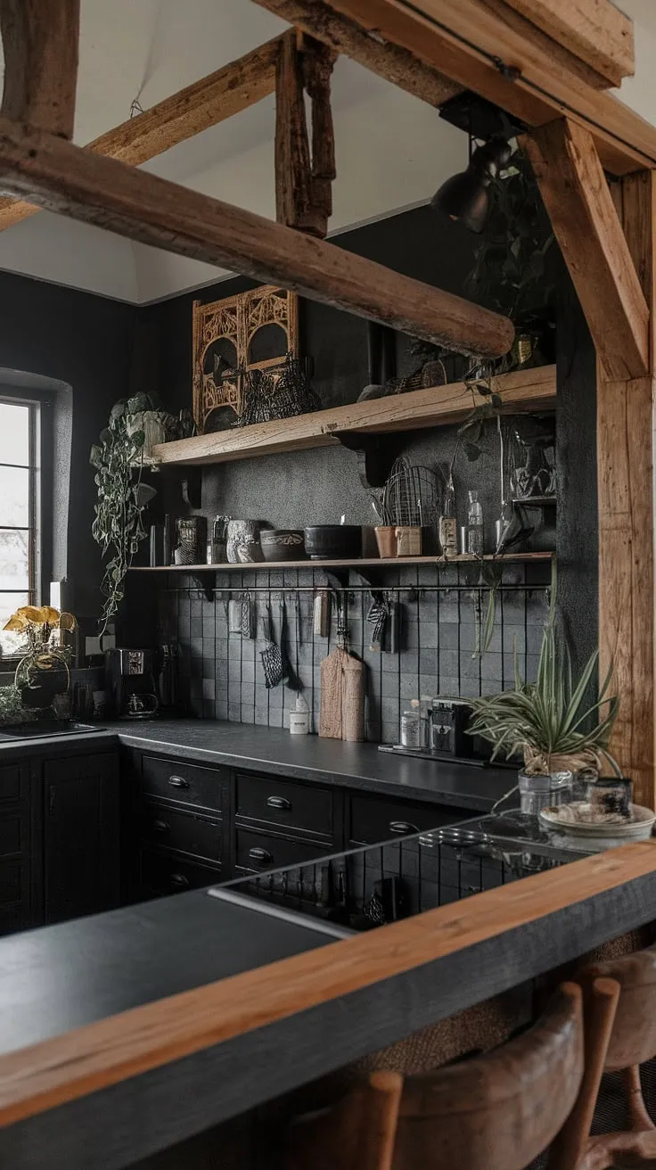 Dark, moody, and utterly captivating. This gothic farmhouse kitchen seamlessly blends rustic charm with a trendy, dark aesthetic. The rich wood tones and pops of greenery create a space that's both inviting and uniquely stylish. A perfect example of how to embrace a dark home decor theme with warmth and personality.