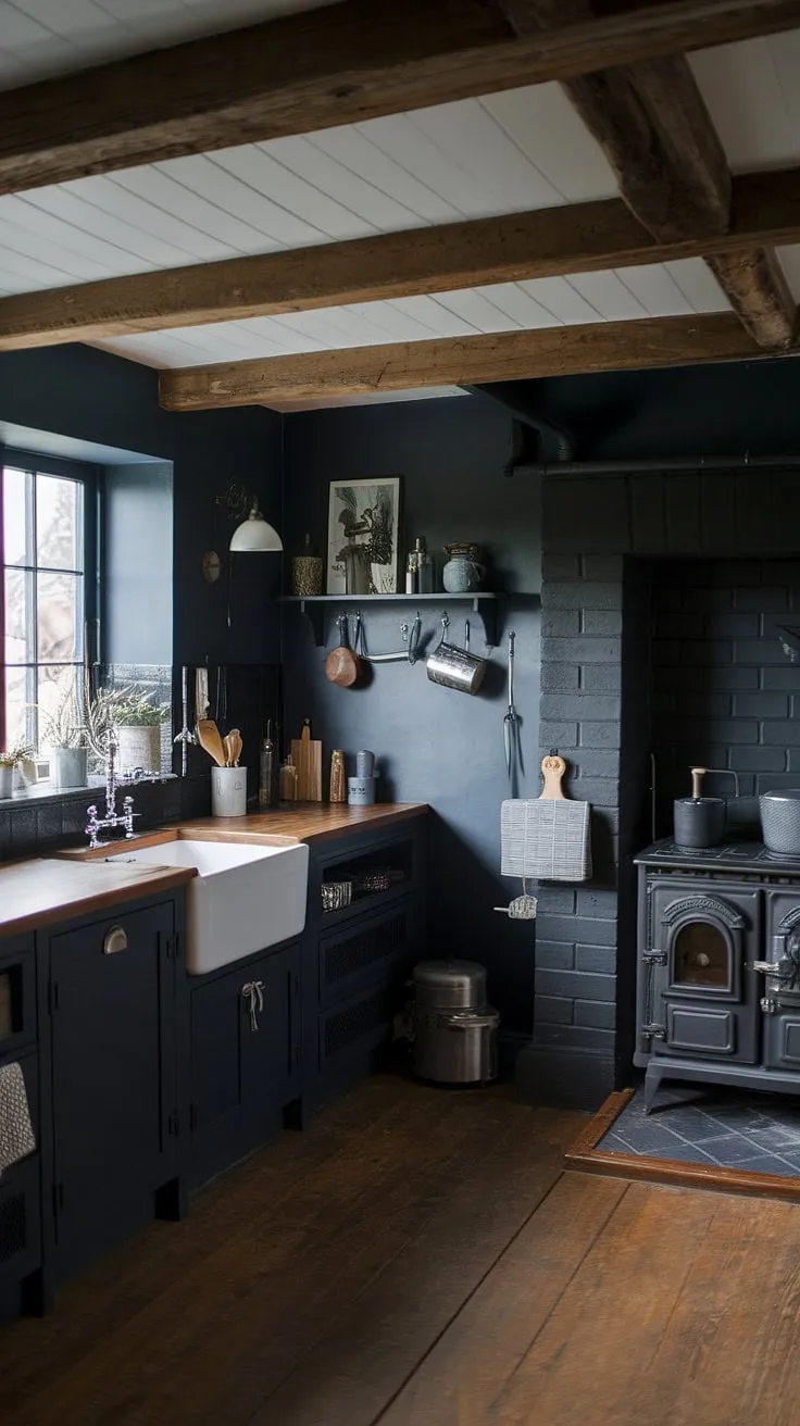 Dark, moody, and undeniably cozy. This gothic farmhouse kitchen, with its deep blue walls and rustic wood stove, is the perfect blend of old-world charm and modern trendiness. The aged wood beams and farmhouse sink add to the captivating ambiance, creating a space where rustic meets refined. A perfect example of how to embrace a darker palette while maintaining a warm and inviting atmosphere.
