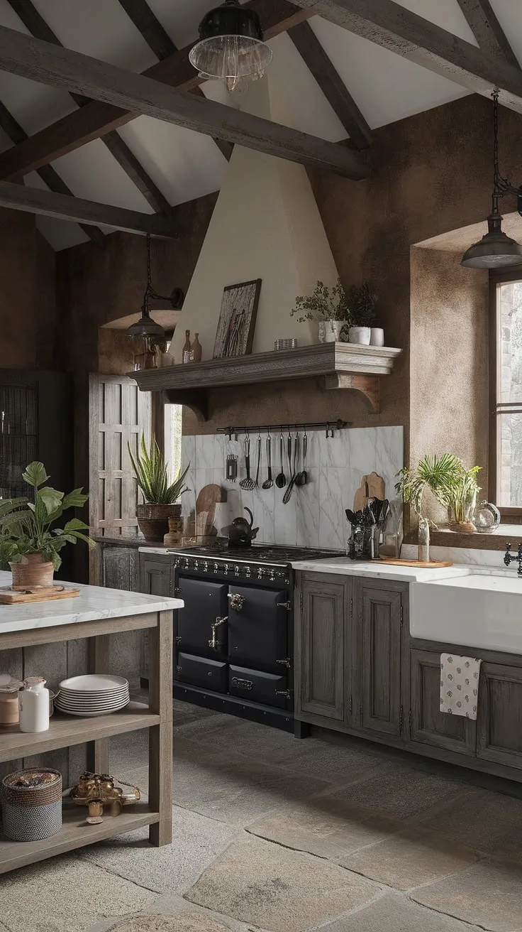 Dark wood beams and a marble countertop create an unexpected yet utterly cozy contrast in this gothic farmhouse kitchen. The rustic textures and hanging lights add to the trendy, lived-in feel. A perfect blend of old-world charm and modern design.