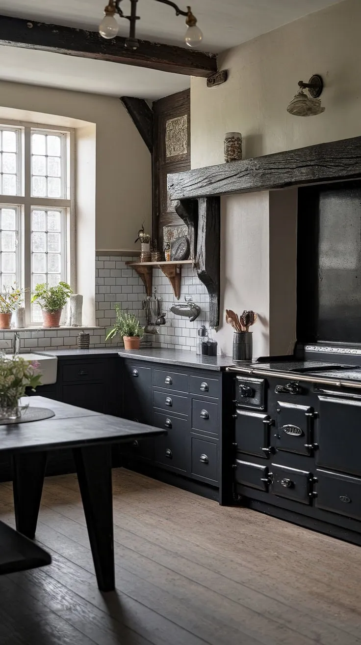 Dark, dramatic, and undeniably charming. This gothic farmhouse kitchen, with its black cabinetry, gray countertops, and rustic wooden beams, proves that elegance can thrive even in the deepest shadows. The contrast of the white backsplash adds a touch of brightness, perfectly complementing the moody atmosphere. A perfect blend of rustic charm and gothic grandeur.