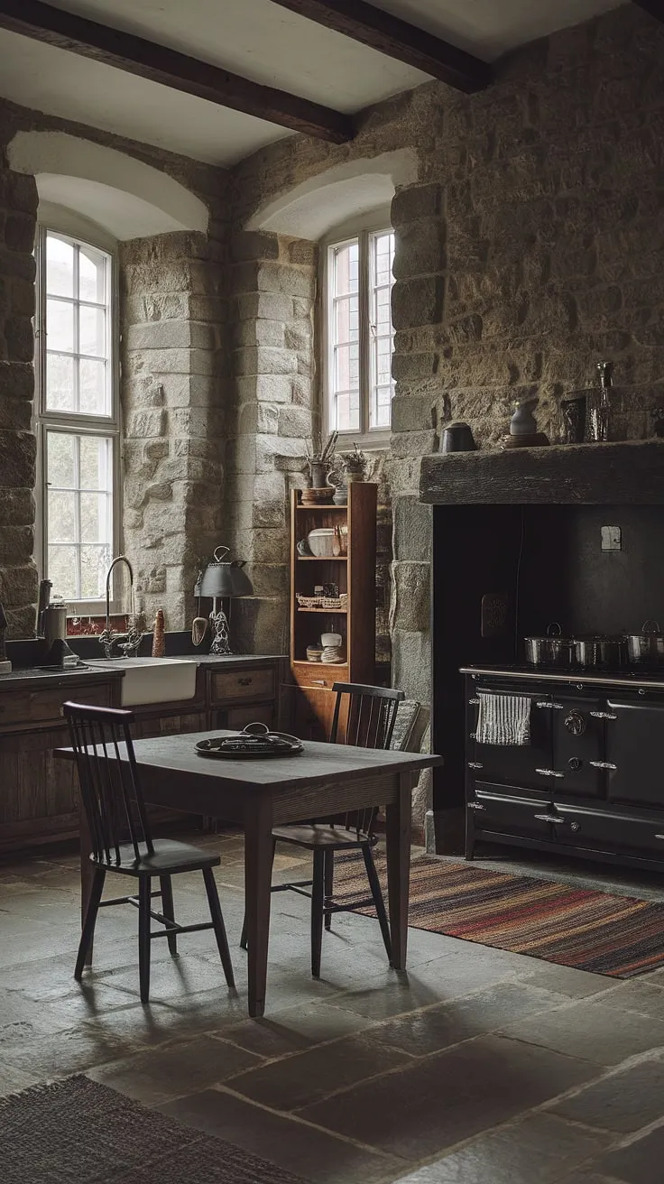 Dark and cozy doesn't even begin to describe this gothic farmhouse kitchen. The rustic charm, blended with trendy dark decor, creates an atmosphere of captivating mystery. A perfect blend of old-world stone and modern design elements makes this space truly unique. A place where history and style collide.