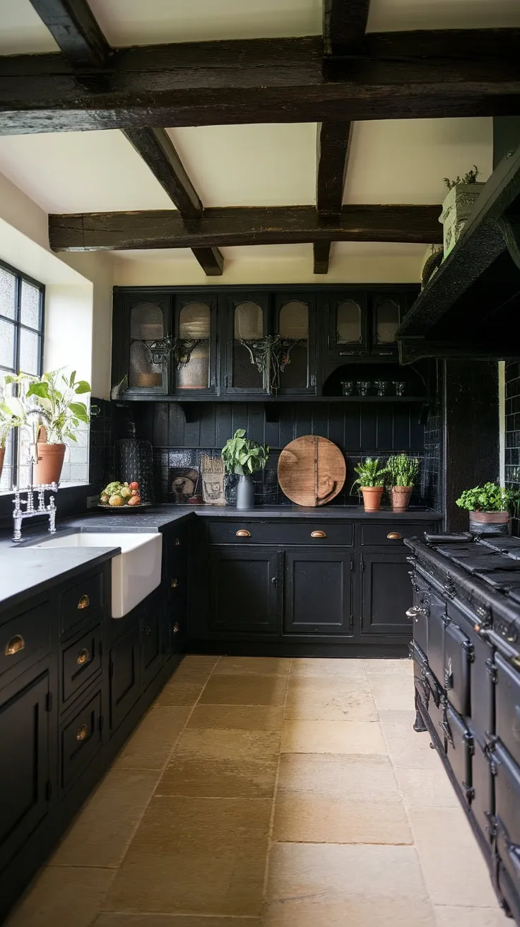 Where rustic charm meets gothic elegance. This dark and moody kitchen, with its farmhouse sink and cast iron stove, proves that A dramatic aesthetic can be both inviting and incredibly stylish. The cream tile floor provides a beautiful contrast to the dark cabinetry and wooden beams.