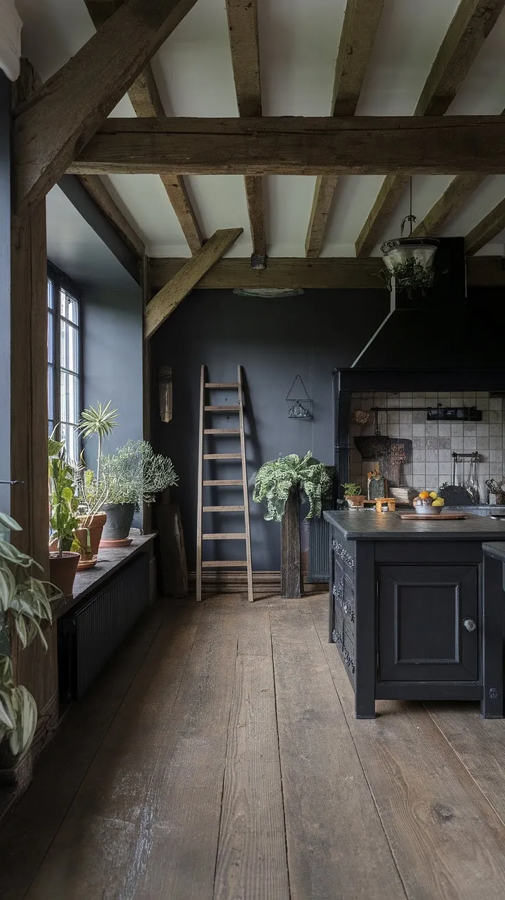 Dark, moody, and undeniably cozy. This gothic farmhouse kitchen, with its exposed beams, black island, and rustic charm, is a testament to the beauty of blending old-world character with modern design. The potted plants add a touch of life to the space, perfectly complementing the dark gray walls and wooden floors. A perfect blend of rustic and trendy.